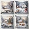4pcs-Piece 4pcs Christmas Throw Pillow Covers Suitable Bed Cushion Cases, Double-Sided Winter Snow Village Pattern with Hidden Zipper Closure, Warm Mu