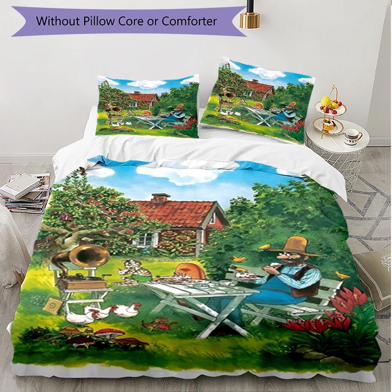 3pcs Duvet Cover Set (1*Duvet Cover + 2*Pillowcase, Without Core), Pettersson und Findus Print Soft All‑Season Bedding Set, Home Bedroom Decor Gift