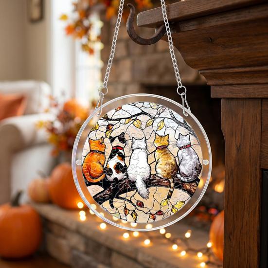yangyizhi Halloween Scary Bat Pumpkin Acrylic Jigsaw Puzzle Suncatcher, Stained Glass Style Window Hanging Decor for Home, Garden, Gift Family Friends