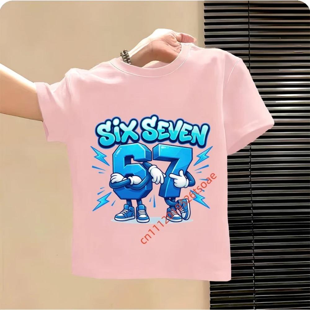 Lustiges Sechs Sieben Italienisches Brainrot 67 Zahlen Grafikdruck T-Shirt Junge/Mädchen Sommer Kurzarm Kinder Locker Bequem T-Shirt Oberteil