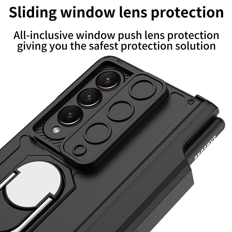 Ebesfous Magnetic Armor Pen Holder Case For Samsung Galaxy Z Fold 4 5g Magnetic Hinged Cases With Front Glass 2 Bracket Lens Cap