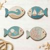 Sea Life Wall Decor for Bathroom 4Pcs Wooden Hanging Fish Art, Coastal Plaque with Nautical Gift Beach Lovers Theme Living Room Bedroom, Rustic House