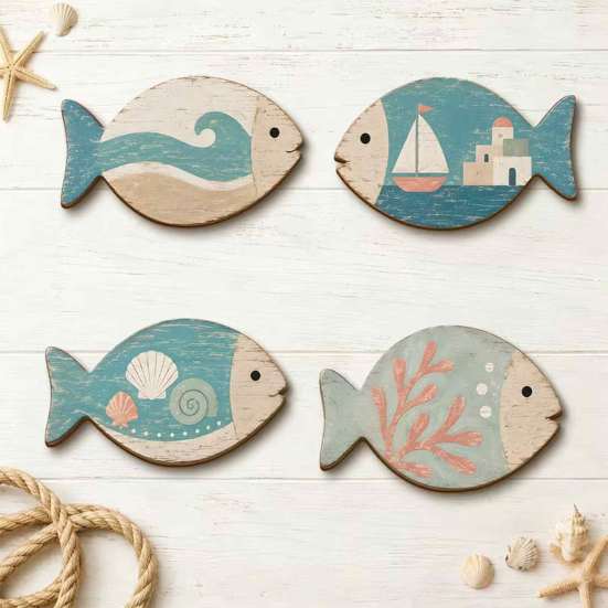 Sea Life Wall Decor for Bathroom 4Pcs Wooden Hanging Fish Art, Coastal Plaque with Nautical Gift Beach Lovers Theme Living Room Bedroom, Rustic House