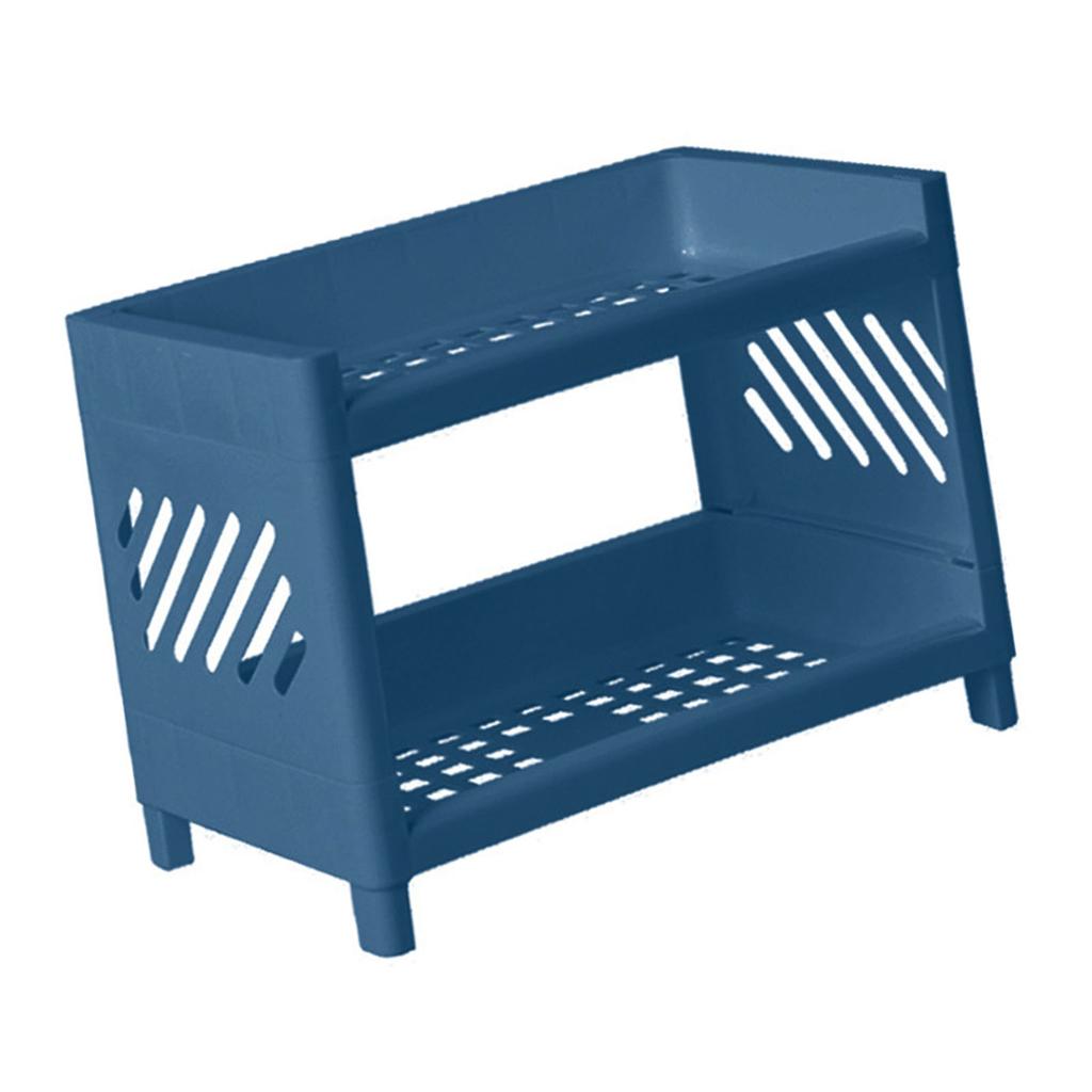 2 Tier Desktop Shelf Plastic Desktop Storage Organizer Rack for Bedroom Dorm Office Navy Blue