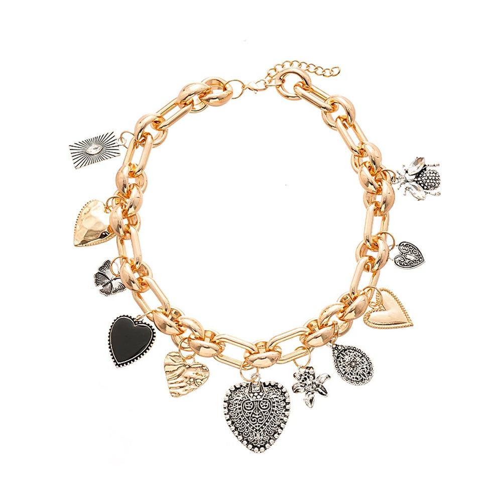 Retro Individualistic Exaggerated Rhinestone Metal Heart Bow Necklace Elegant Necklaces Fashionable Jewelry Accessories Women