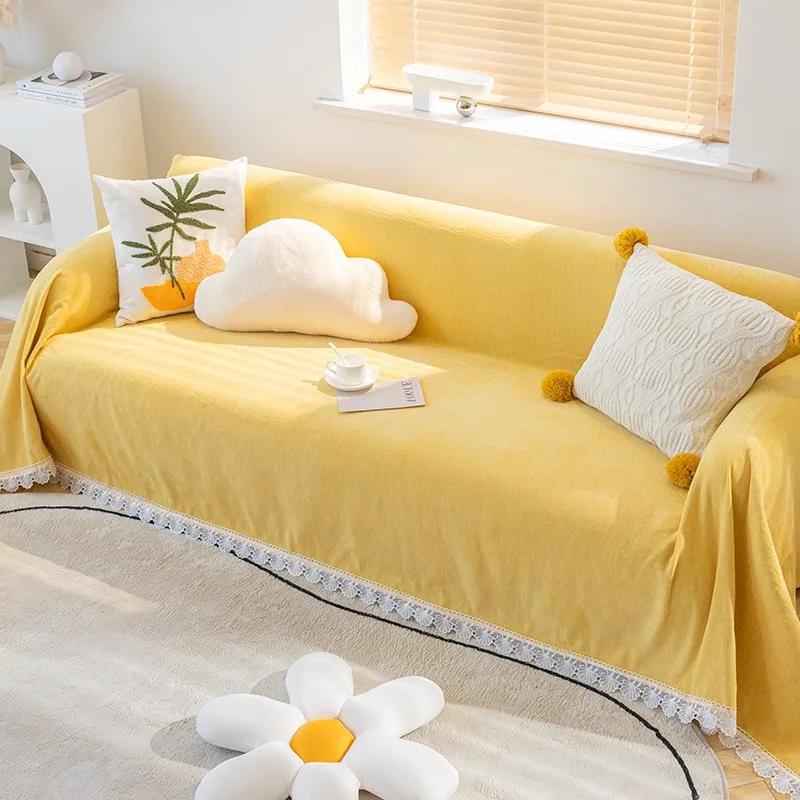 Anti-cat Stretches Sofa Towel Full Cover Chenille Lace Edge Knee Blanket Four Seasons Sofa Slipcover for Home Decor Nap Blanket