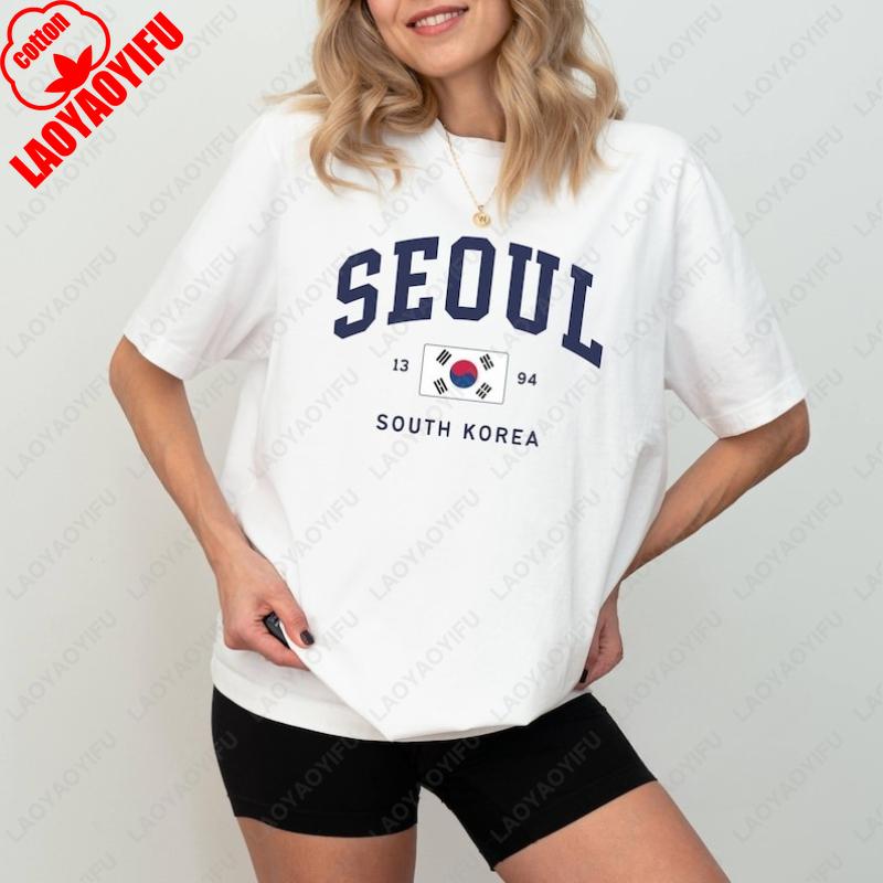 Seoul South Korean Flag Unisex Tees Vintage Classic Fashion Streetwear Tops Unisex Women High Quality Cotton Street Fashion Tshirt