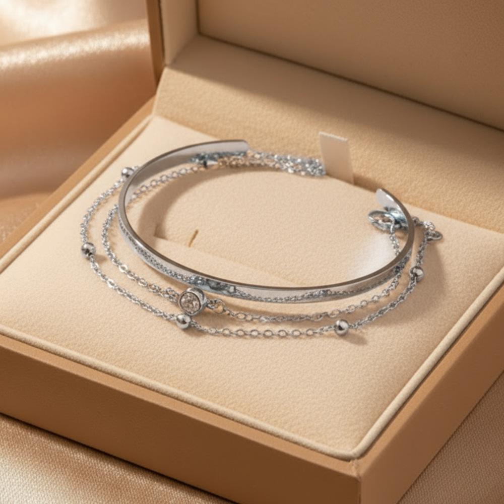 3pcs of Stacked Golden Bracelet Set Smooth Cuff Bead Single Crystal Dainty Layer Wrist Jewelry for Women