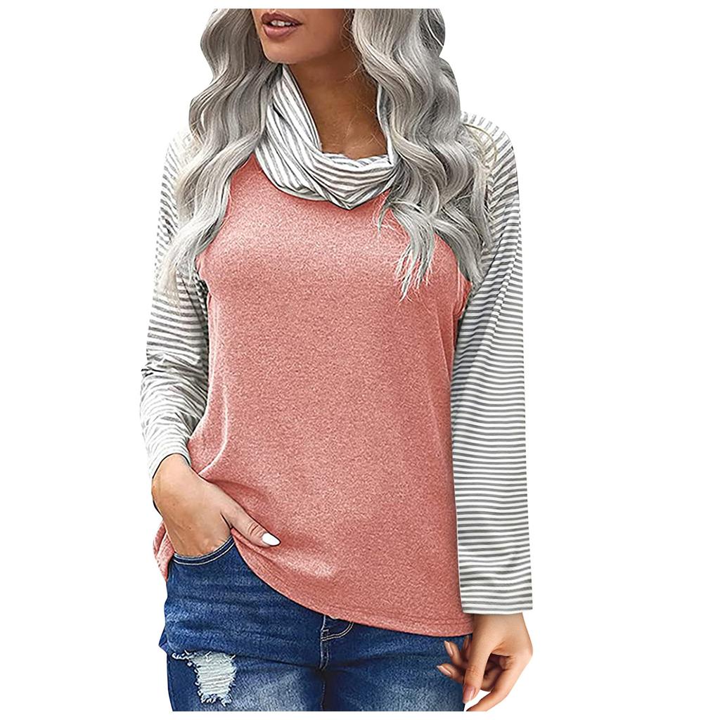 Women's Fashion Striped High Neck Color Blocking Women's Long Sleeve T-Shirt Top