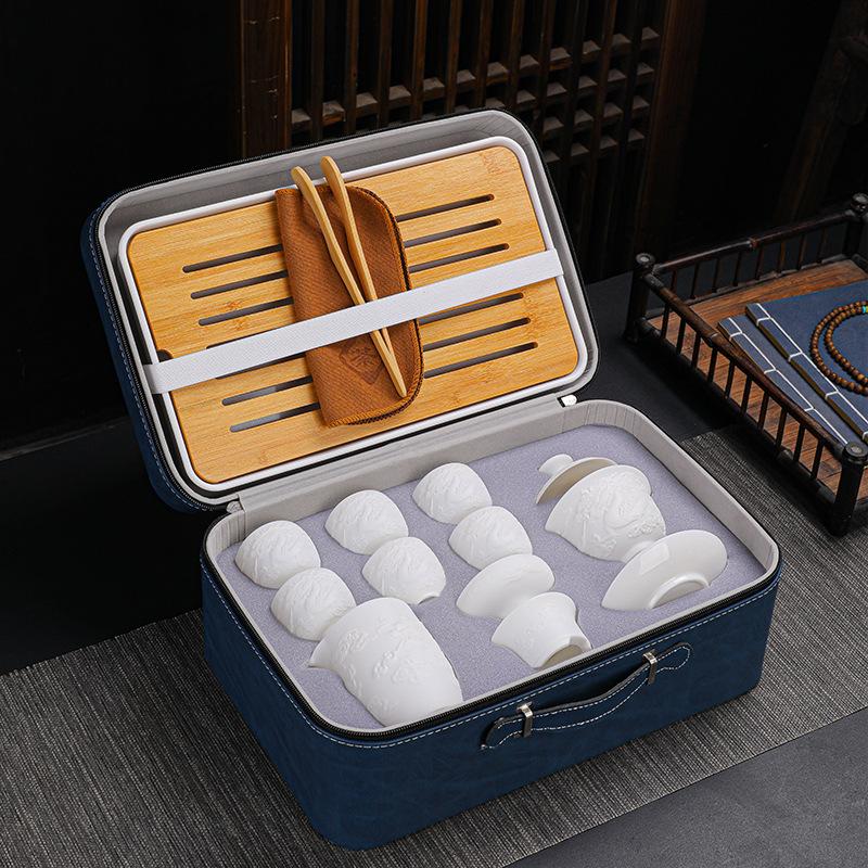 Embossed Suet Jade Ceramic Simple Tea Set Gift Box with Tea Tray Business Gift