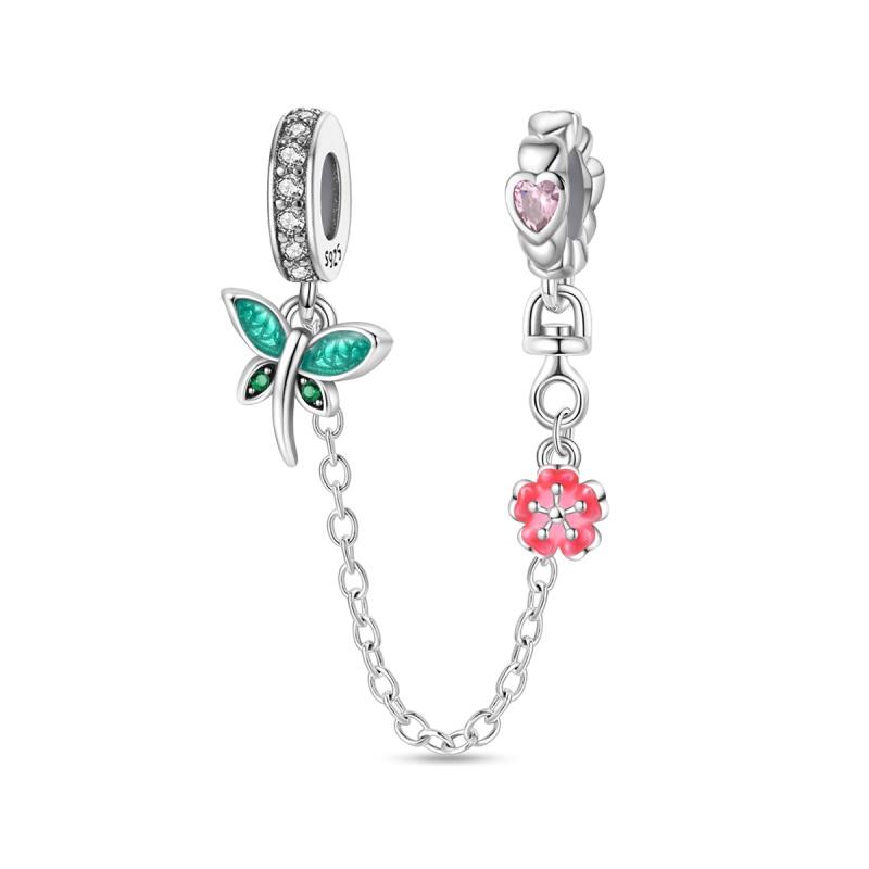 925 Silver Safety Chain Charm Bracelet Set Clover Lock Key Bear Peace Dove Fruit Decoration Beaded Fine Jewelry Gift