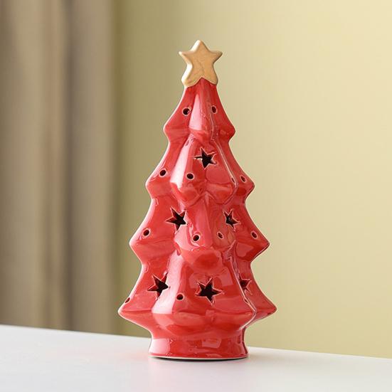 Ceramic Christmas Tree Night Light Glowing Decorative Lamp with Star Topper Xmas Tree Figurines for Holiday Home Decor