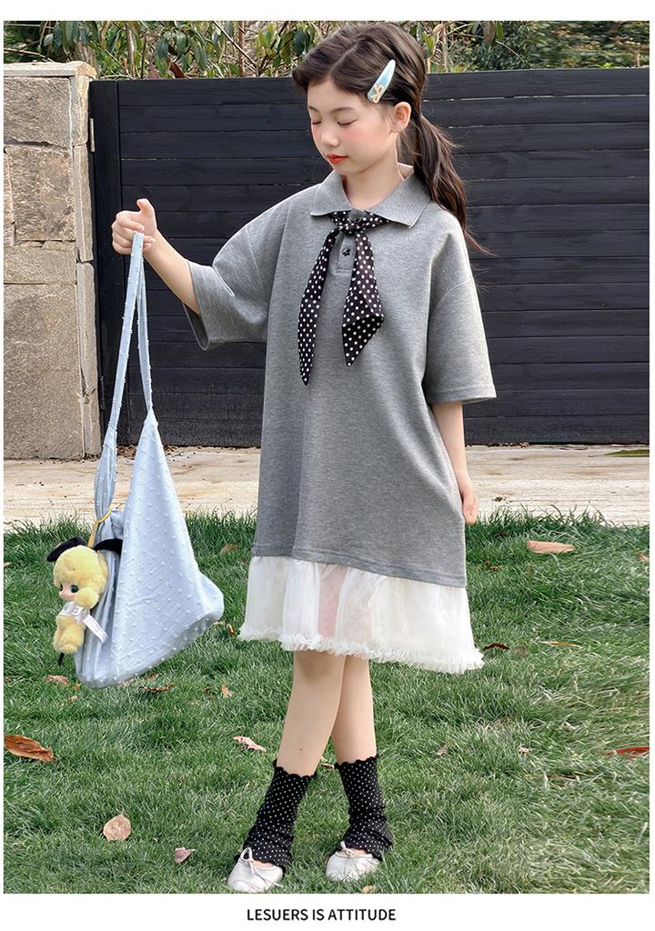 Girls' POLO Knitted Dress New Summer Children's Mesh Splicing Fake Two Piece Medium Sized Children
