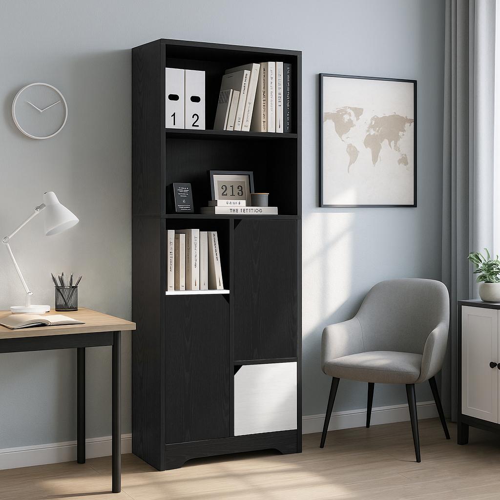 Multifunctional Bookshelf with Open Storage, Doors and Drawers, Black-White, Modern Style, Storage Cabinet for Bedroom and Living Room