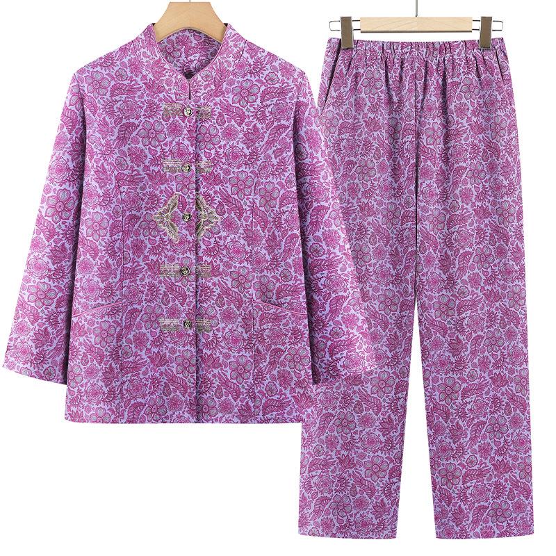 

Grandma Floral Print Suit: Women s Seven-Sleeve Cardigan Two-Piece Set for Middle-Aged and Elderly 2XL (for 95-110 jin)