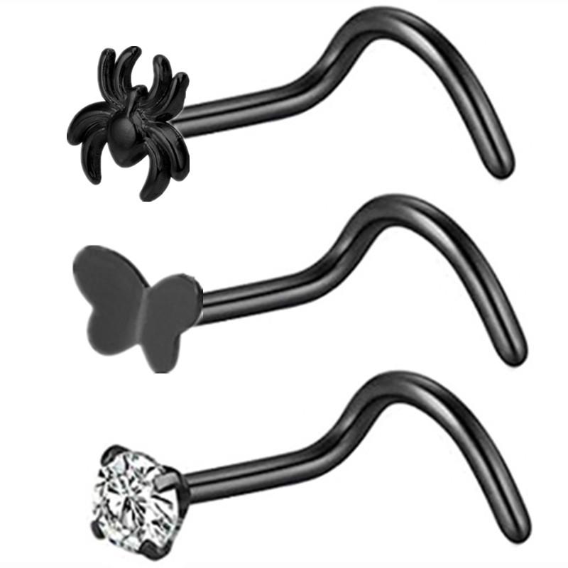 3PCS Pink Crystal Bend Nose Piercing Stud Set Spider Nose Ring Bulk Twist Butterfly Nose Rings And Studs Pack Piercing Nariz Lot
