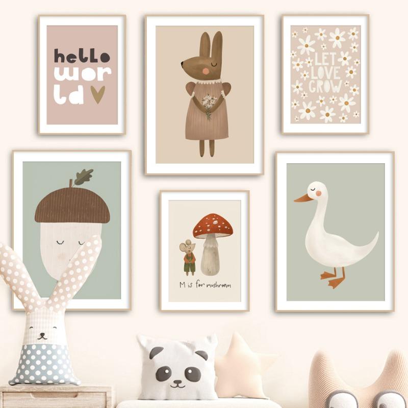 Nordic Retro Poster And Prints Wall Pictures Baby Kids Room Decor Cartoon Rabbit Fox Mouse Goose Duck Wall Art Canvas Painting