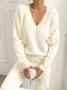 Women's V-Neck Long Sleeve Sweater & Elastic Waist Joggers Two-Piece Set - Autumn/Winter Collection