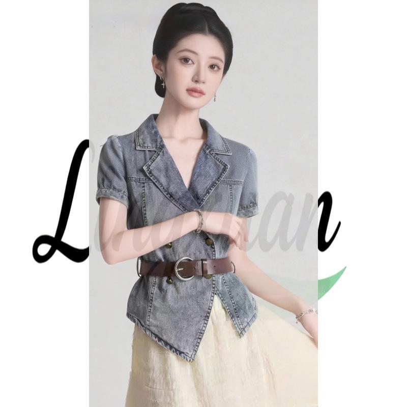 

Retro Slim-Fit Puff Sleeve Denim Top with Irregular Lapel and Belted Waist M синій