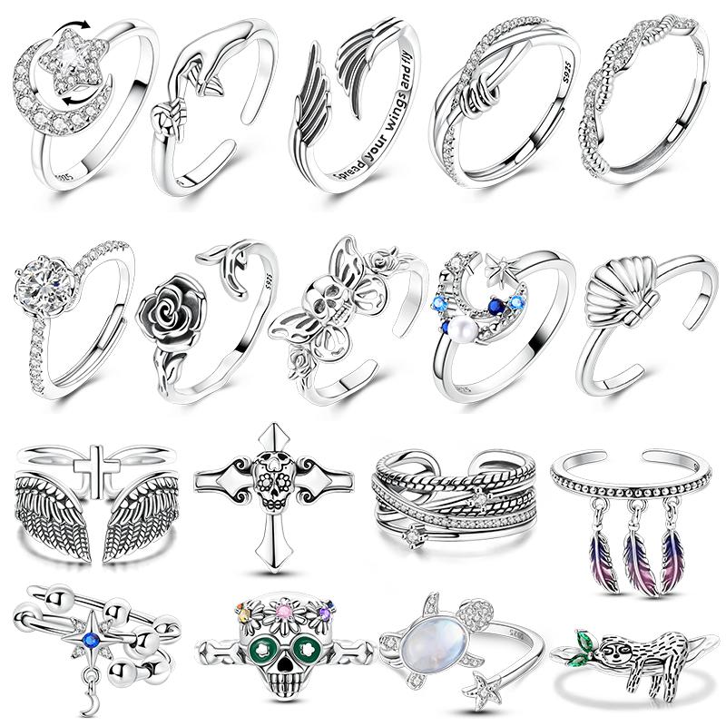 Original 925 Silver Ring Sparking Sun Moon Rose Feather Open Rings for Women Girls Jewelry Birthday Anniversary Engagement Gifts