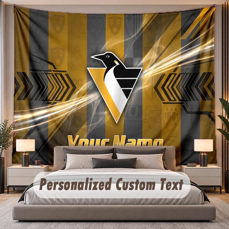 Custom Name Text Tapestry Pittsburgh Penguins Personalized Polyester Wall Tapestry For Bedroom And Room