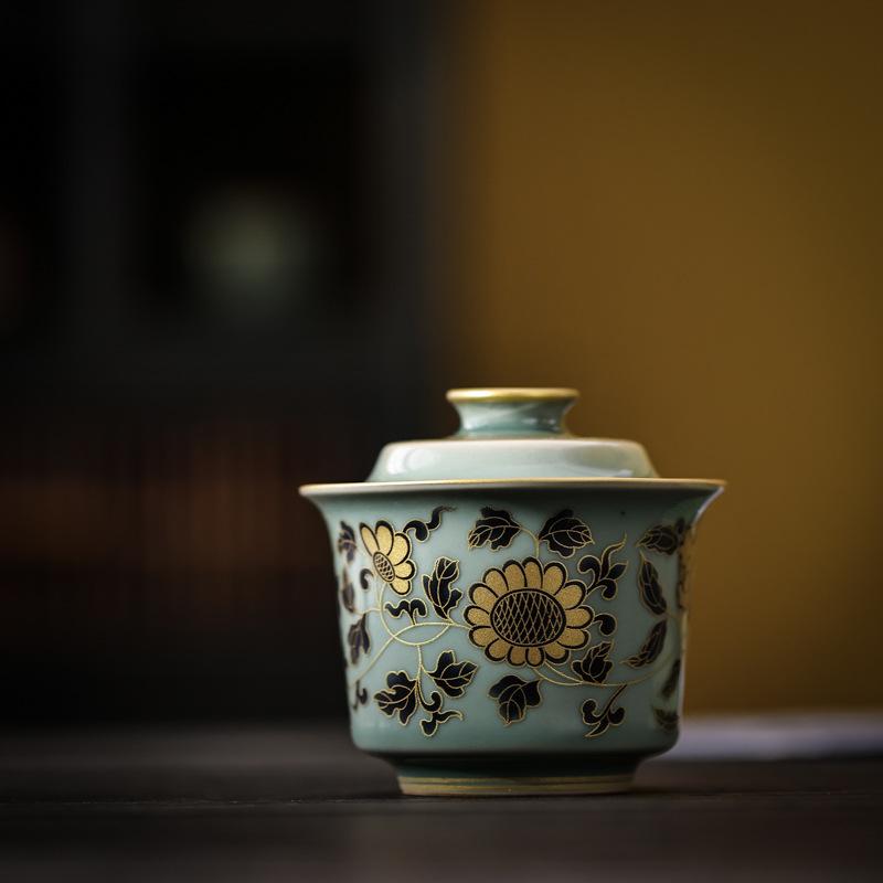 Retro Celadon Cover Bowl Elegant Tea Maker Large Household Ceramic Kung Fu Tea Set Tea Bowl Blue and White Porcelain