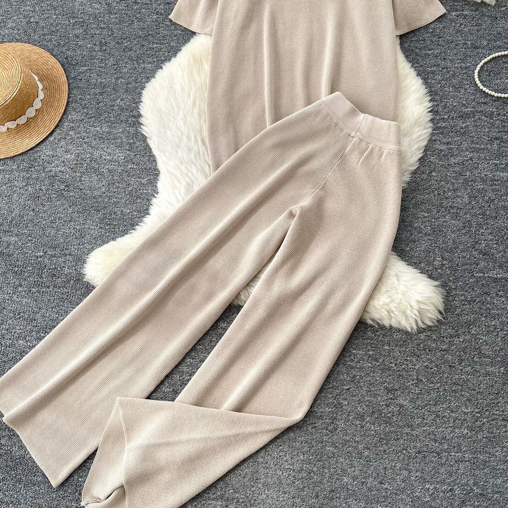 Casual and Fashionable Knit Set for Women New Summer V-Neck Short-Sleeve Sweater Tops and Wide-Leg Pants Two-Piece Sets
