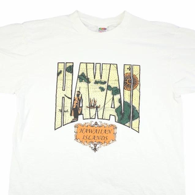 Vintage Hawaii 100% Cotton T-shirt Mens Tees Top Mens Size Large White Y2K Hawaiian Islands Map Travel