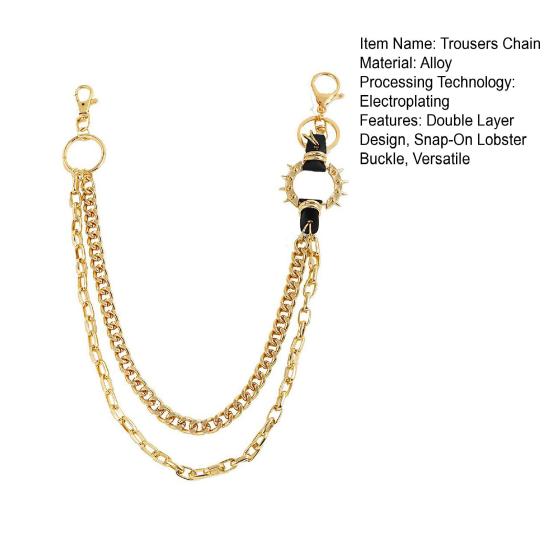 Trouser Chain Double Layer Metal Alloy Pants Chain with Spiked Ring Snap-On Lobster Clasp Punk Hip-Hop Style Pants Accessory
