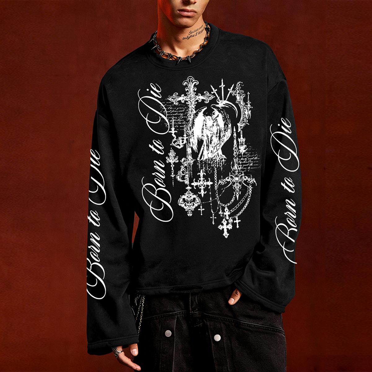 

Men s Gothic-style long-sleeve T-shirt, “Born to Die” angel cross print top, loose-fit high-street-style Abime T-shirt L