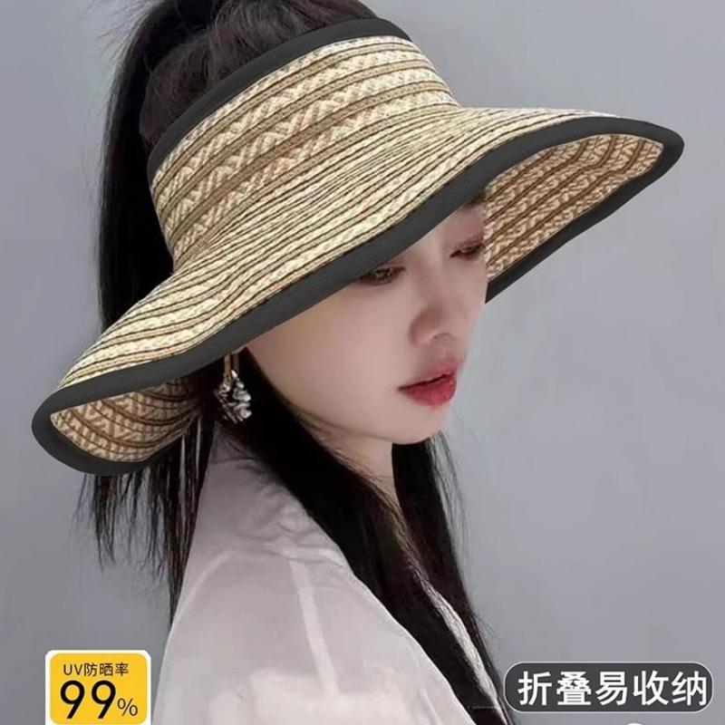 Big eaves foldable travel sunscreen empty top hat women's new summer visor anti-purple line straw hat
