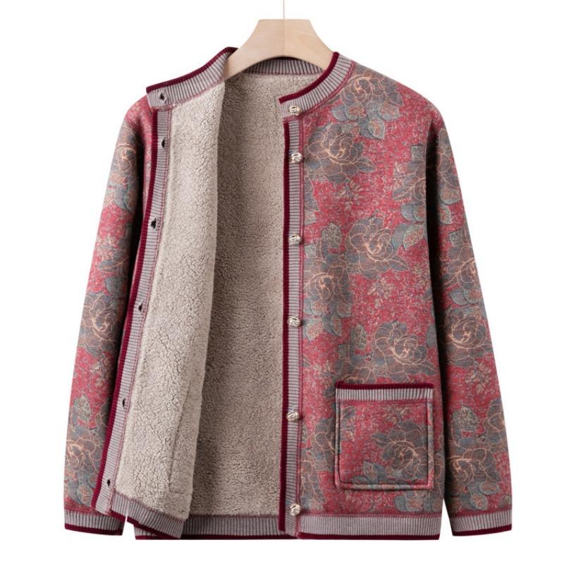 Middle-aged and Elderly, Piled and Thickened Autumn and Winter Knitted Sweater, Female Mother's New Cardigan Sweater, Grandma's Autumn Coat
