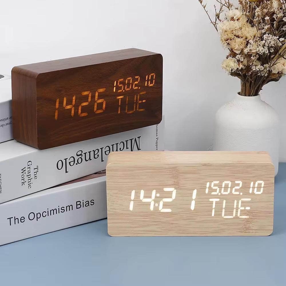 1Pc Retro Wooden LED Digital Alarm Clock Silent With Temperature Night Light Electronic Fashion Wooden Clock Living Room Bedside