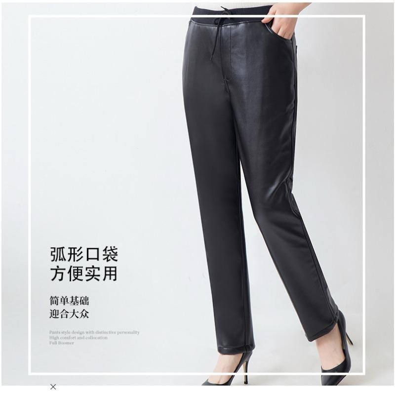 Women Middle Aged Autumn Winter Warm Thick High Waist Straight Casual Leather Pants