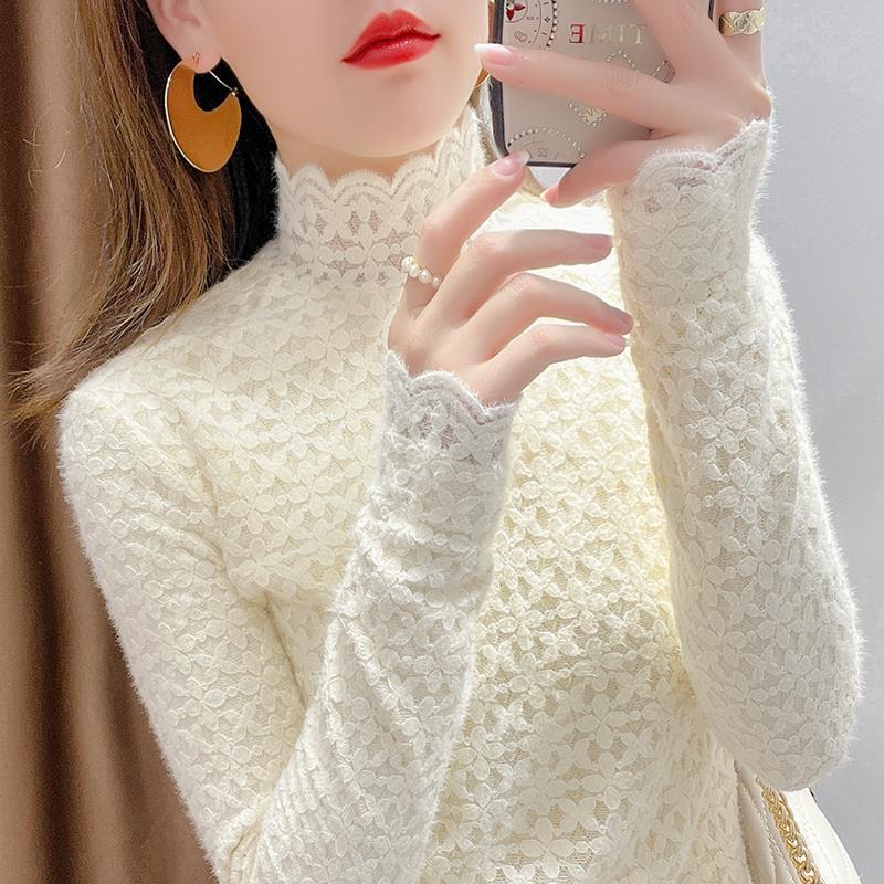 Women's Fleece-Lined Lace Base Layer Top: Stylish High-Neck Brushed Mesh Shirt for Autumn/Winter