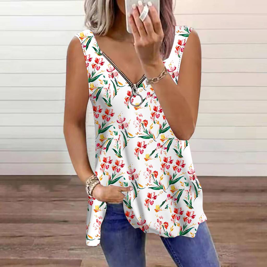 Top de vară pentru femei, lavandă imprimat, casual, mărime plus, fără mâneci, cu fermoar, cu gât în V, top tip maieu
