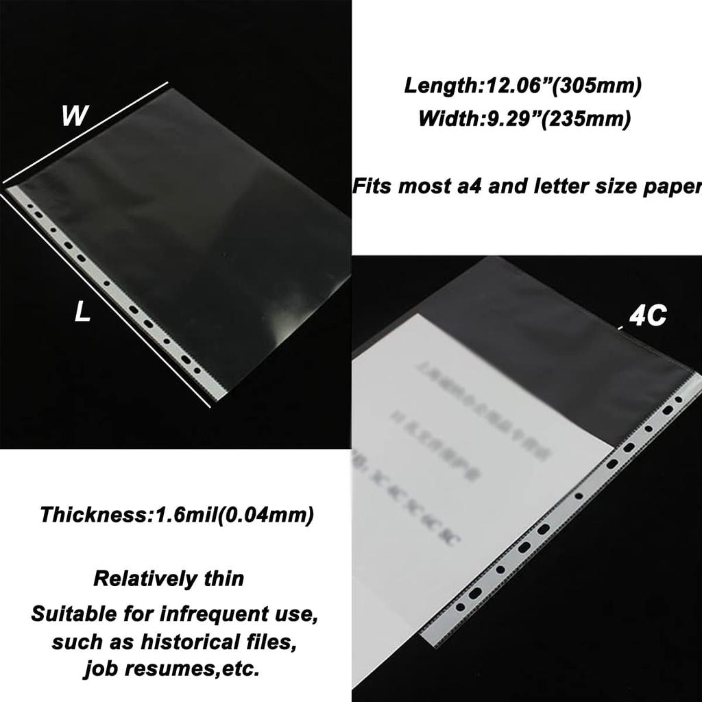 100pcs 11 Hole A4 File Pockets Ring Binder File Folder Jackets File Bag for Hole Ring Binder Folder (4C Thickness)