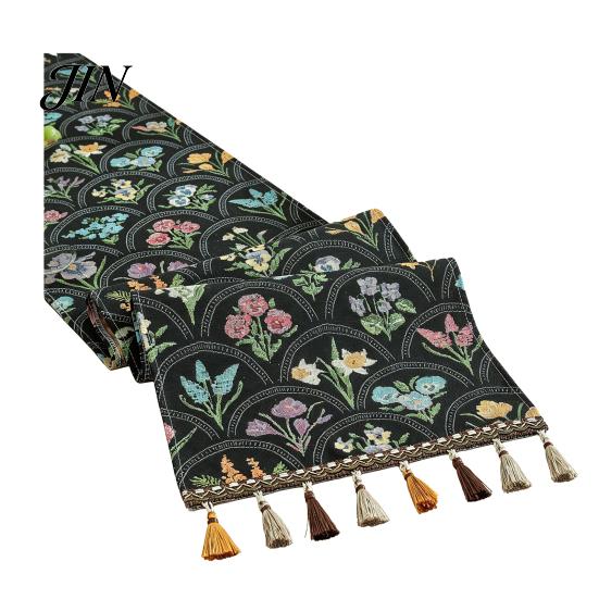 Classic Style Table Runner Jacquard Floral Runner, Vintage with Tassel Edges, Heat Resistant Farmhouse for Wedding Baby Shower Dining Decor