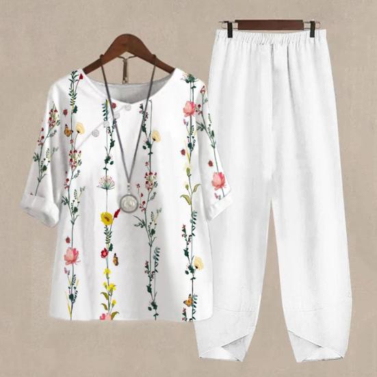 2 Pcs/Set Women T-shirt Pants Set Flower Print Elastic Waist Half Sleeves Round