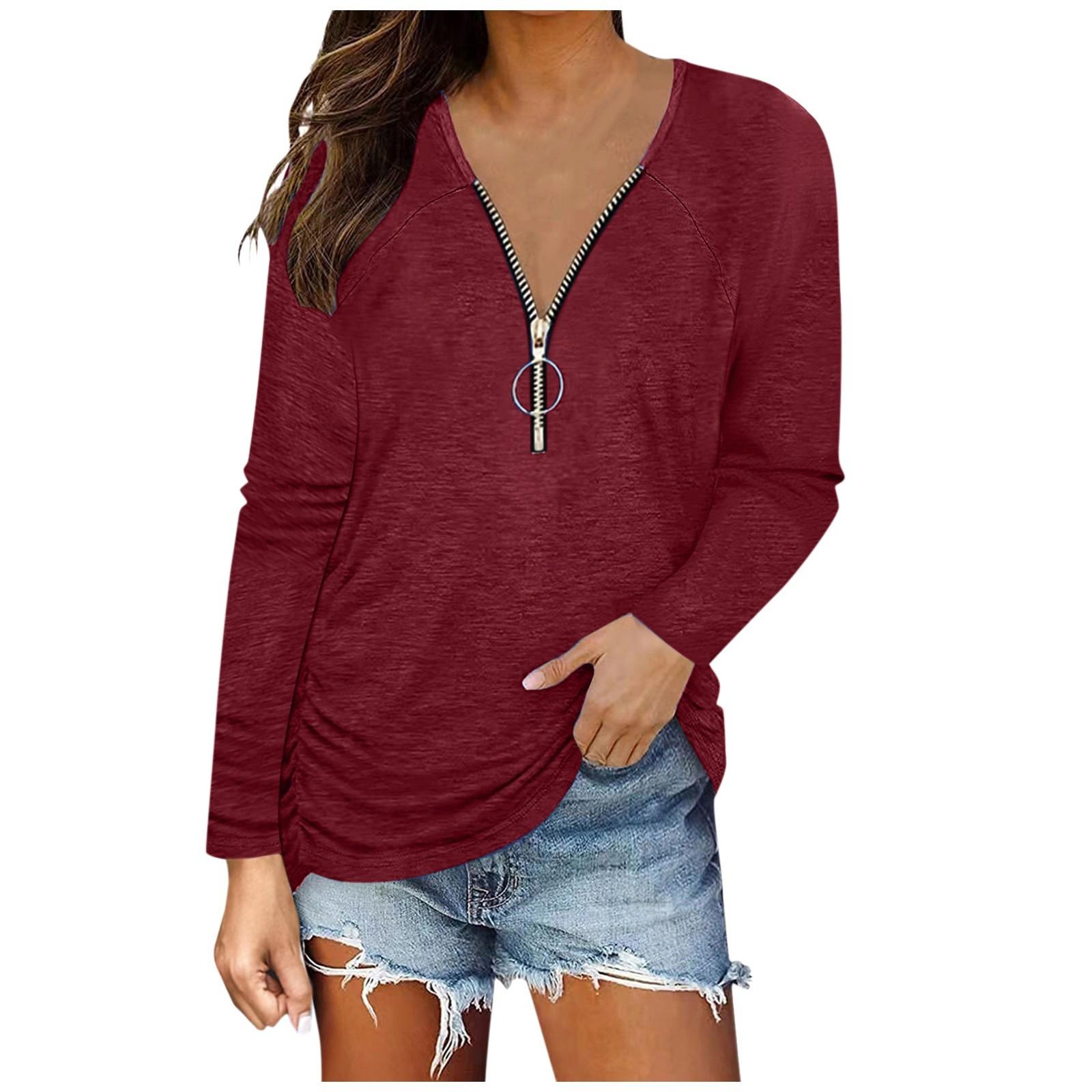 

Женская однотонная плиссированная футболка с длинным рукавом на груди с застежкой-молнией XL винный