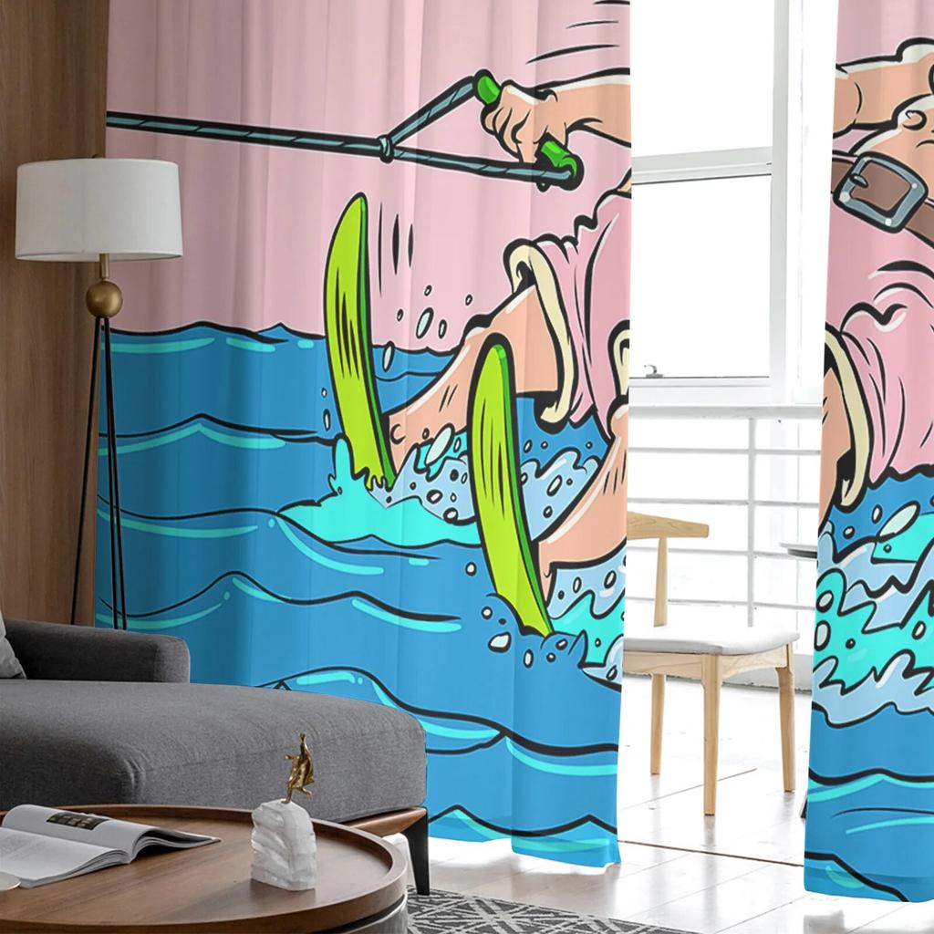 Christmas Summer Santa Surfing Pink TCurtains For Living Room Bedroom Kitchen Decoration Window Tulle Curtain