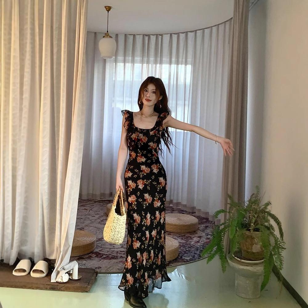 Plaj Tatili İçin U Yaka Kolsuz Çiçek Baskılı Balık Kuyruğu Elbise Kadın Moda