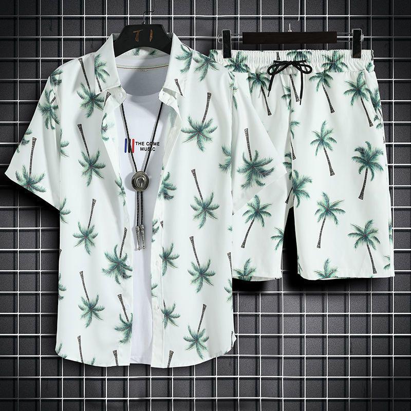 Hawaii Beachwear: Men's Trendy Casual Set - Short Sleeve Floral Shirt & Shorts Outfit