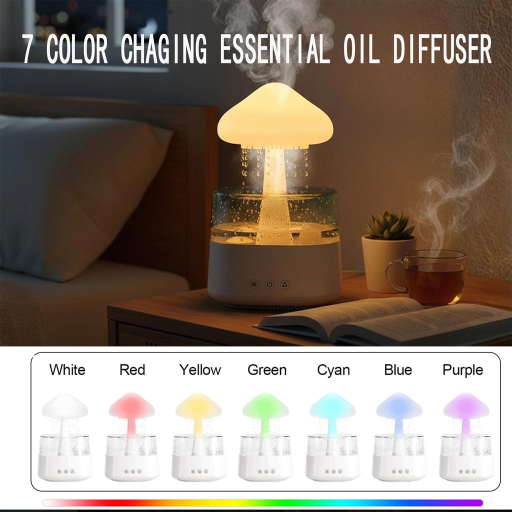 Cloud Rain Humidifier for Bedroom with Soothing Rain Sounds, Water Drip Mushroom Humidifiers 7 Colors Mood Raindrop Diffuser