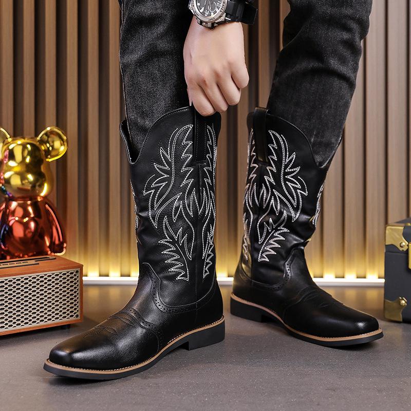 Men's Retro Leather Cowboy Boots, Size 48 - Trendy High Boots for Spring, Autumn, and Winter