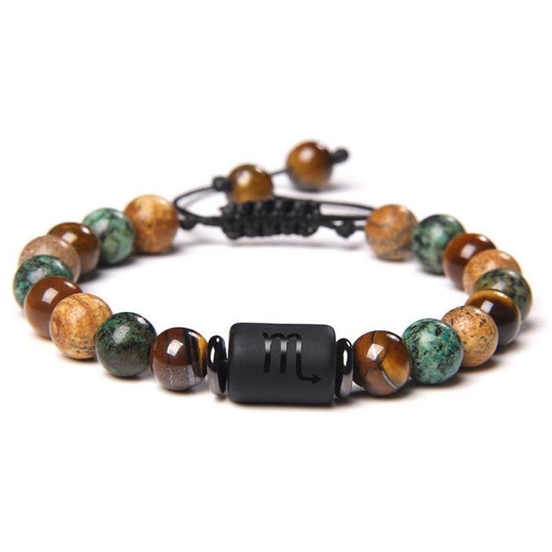 Natural Stone Tiger Eye Picture Jasper Round Beads 12 Constellation Bracelet for Men and Women Zodiac Signs Bracelet Aries