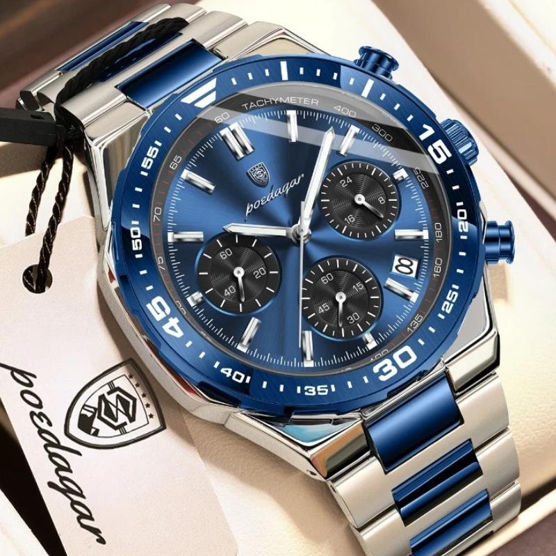 POEDAGAR Top Luxury Man Wristwatch Date Waterproof Luminous Chronograph Watch for Men Stainless Steel Quartz Watches Reloj