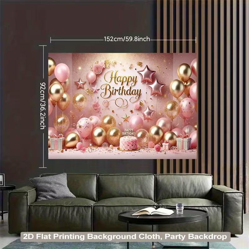 2D Birthday Photography Background, Pink Gold Themed Party Backdrop Banner