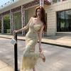 Skirt Summer Printed Lace V-neck Suspender Dress Long Skirt Slim Waist and Thin Design Seaside Vacation Skirt