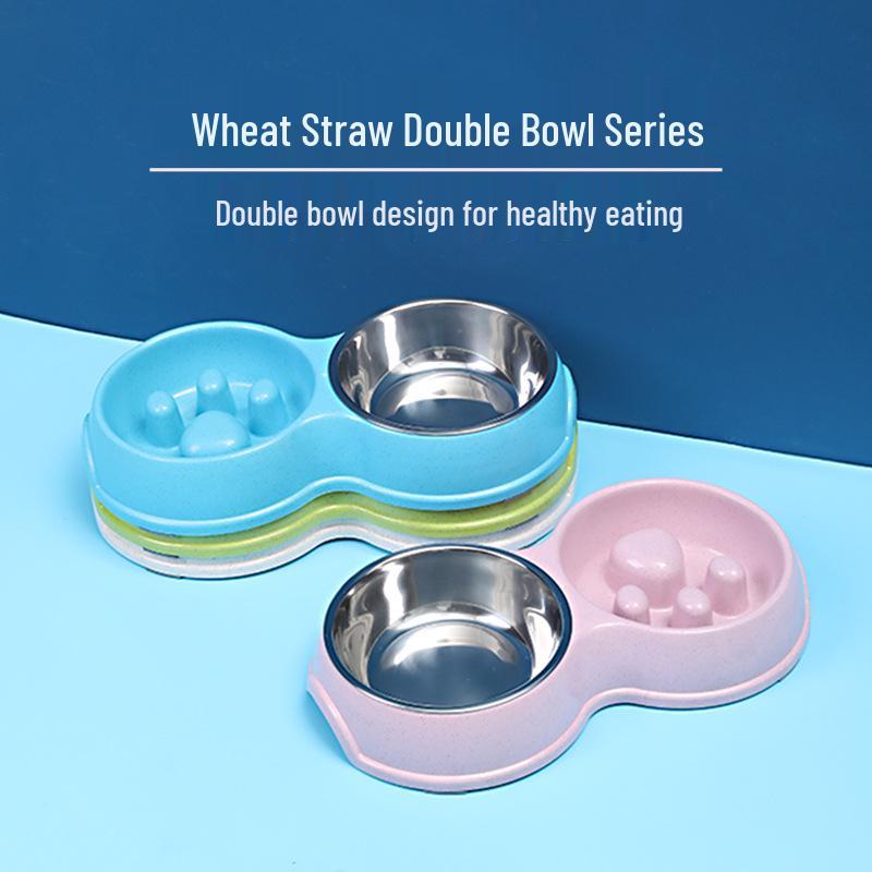 Wheat Straw Stainless Steel Double Pet Bowl - Anti-Choke Slow Feeder for Dogs and Cats
